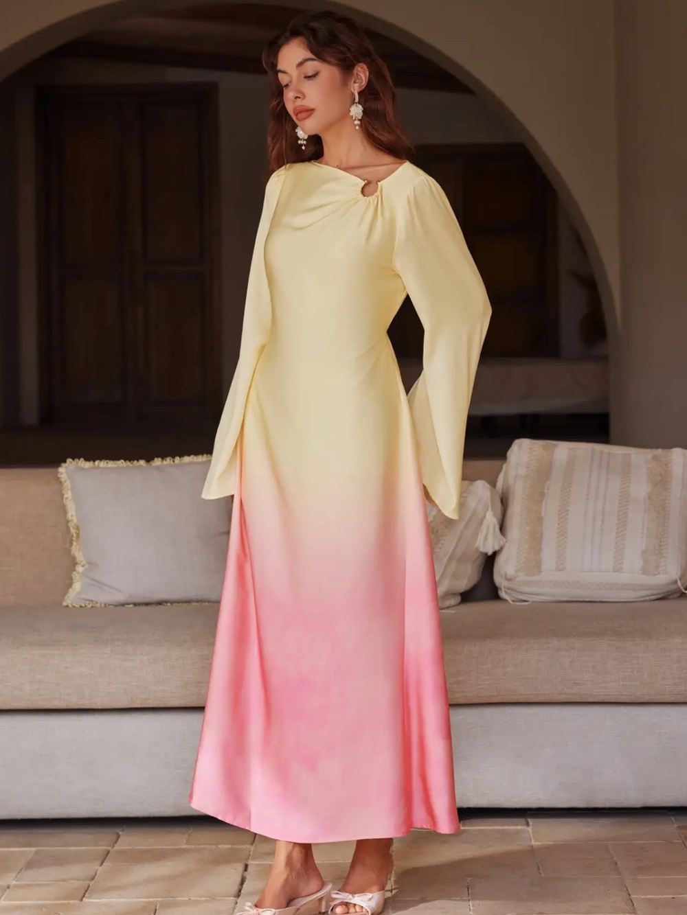 NEW- Cider Satin Boat Neck Pierced Gradient Maxi Dress
